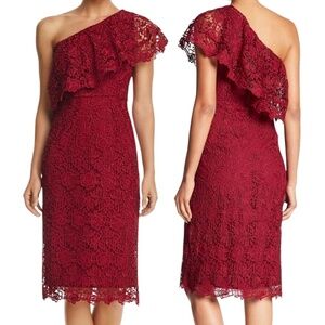 Nanette Lepore Sheath Dress Embroidered All Over Lace Cranberry Red One Shoulder